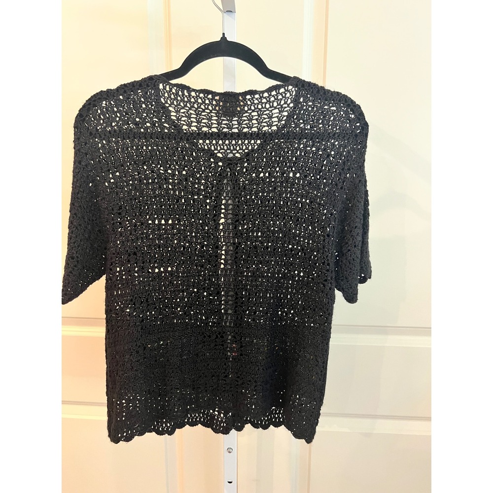 Vintage Teddi Black Crochet Knit Floral Embroidered Short Sleeve Cardigan Top - Picture 3 of 5